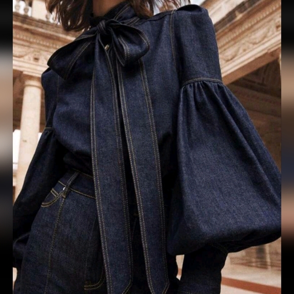 Tops - Women's Faux Denim Shirt Top Bow-Embellished High Neck Single-Breasted Lantern S
